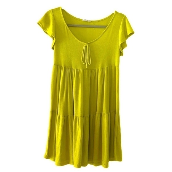 See You Monday Bright Green Ribbed Tiered Ruffle Sleeve Mini Dress, S - Picture 2 of 7